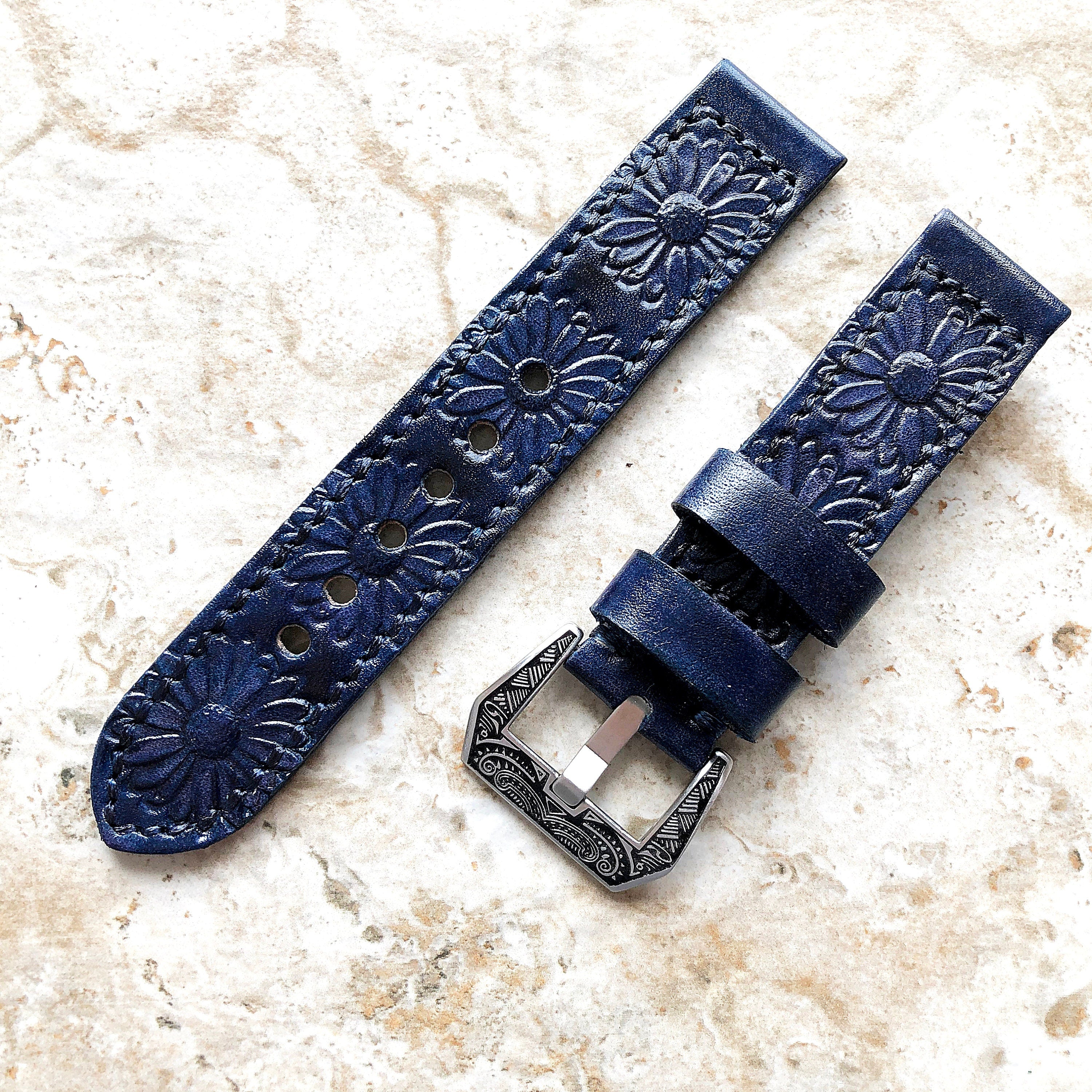 Daisy Flower Limited New Blue Band 22mm 24mm 25mm Compatible with Apple Watch Fitbit Versa 2 3 4 Sense 2 Ionic Embossed Real Leather Strap